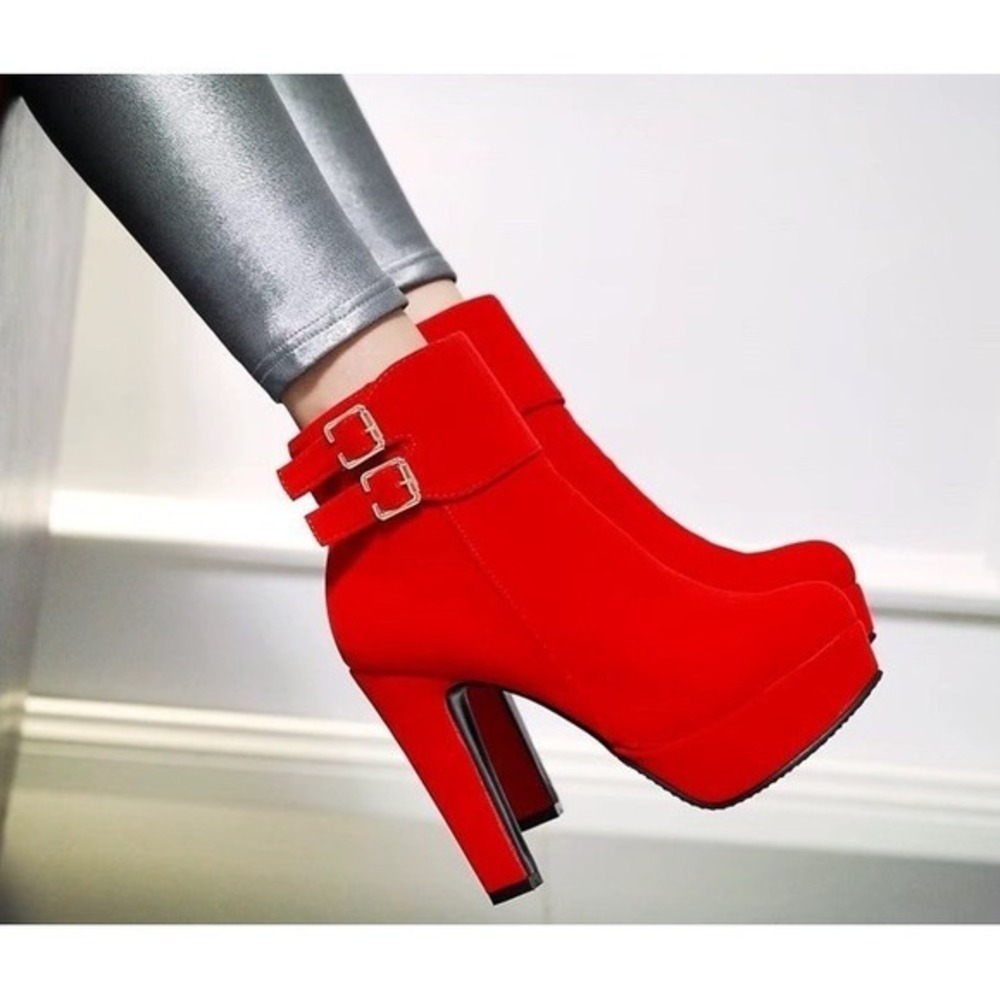 Unbranded Red Faux‎ Suede Double Buckle Platform Block Heel Ankle Boots Size 33